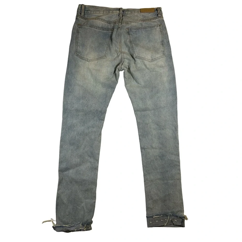 MNML Skeleton Bone Applique Light Wash Slim Denim Jeans Blue Mens 33 Distressed